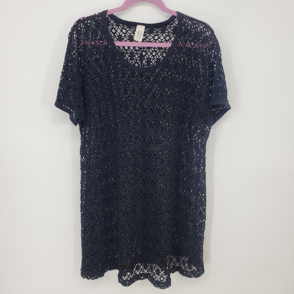Vintage‎ Black Crochet Mesh Knit Swim Coverup Womens Size M Fishnet Short Sleeve